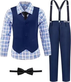 Boys' Suit Kids Formal Tuxedo Suits for Boys Wedding Outfits Dress Vest Pants Suspenders Set Adjustable Waist