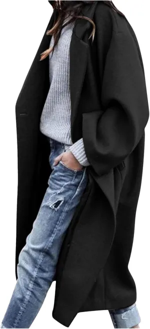BTDECLAR Women's Trench Coats 2024 Lapel Open Front Long Sleeve Peacoat Winter Warm Loose Fit Wool Blend Cardigan