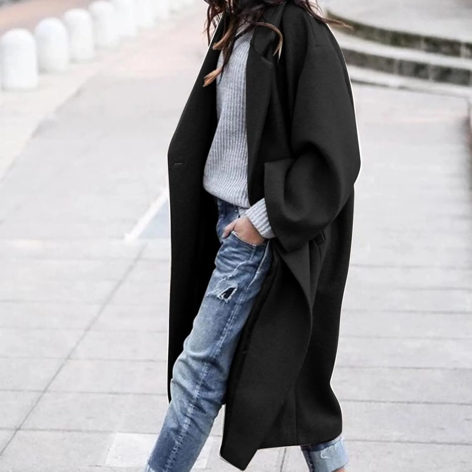 BTDECLAR Women's Trench Coats 2024 Lapel Open Front Long Sleeve Peacoat Winter Warm Loose Fit Wool Blend Cardigan