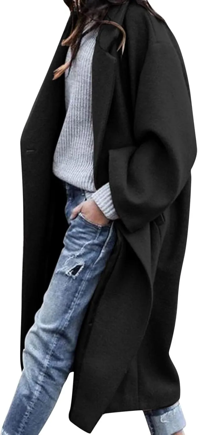 BTDECLAR Women's Trench Coats 2024 Lapel Open Front Long Sleeve Peacoat Winter Warm Loose Fit Wool Blend Cardigan