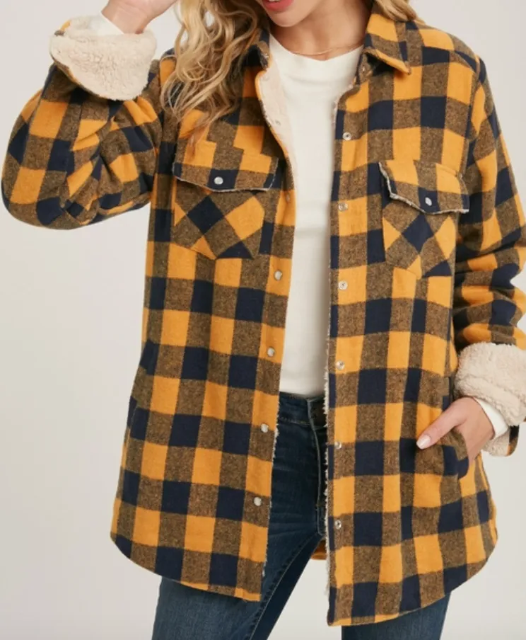 BUFFALO PLAID SHERPA-LINED JACKET- mustard/navy
