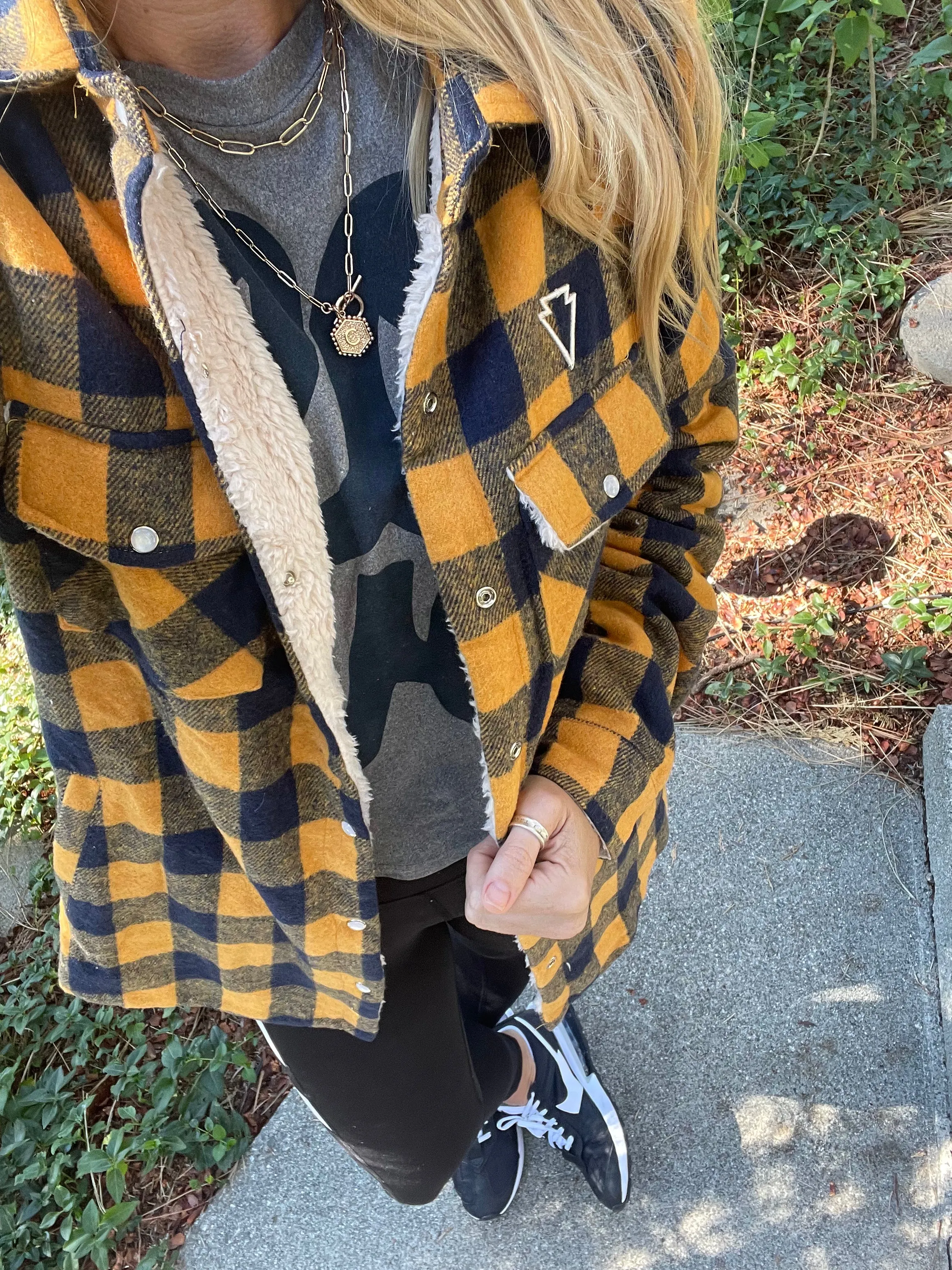 BUFFALO PLAID SHERPA-LINED JACKET- mustard/navy