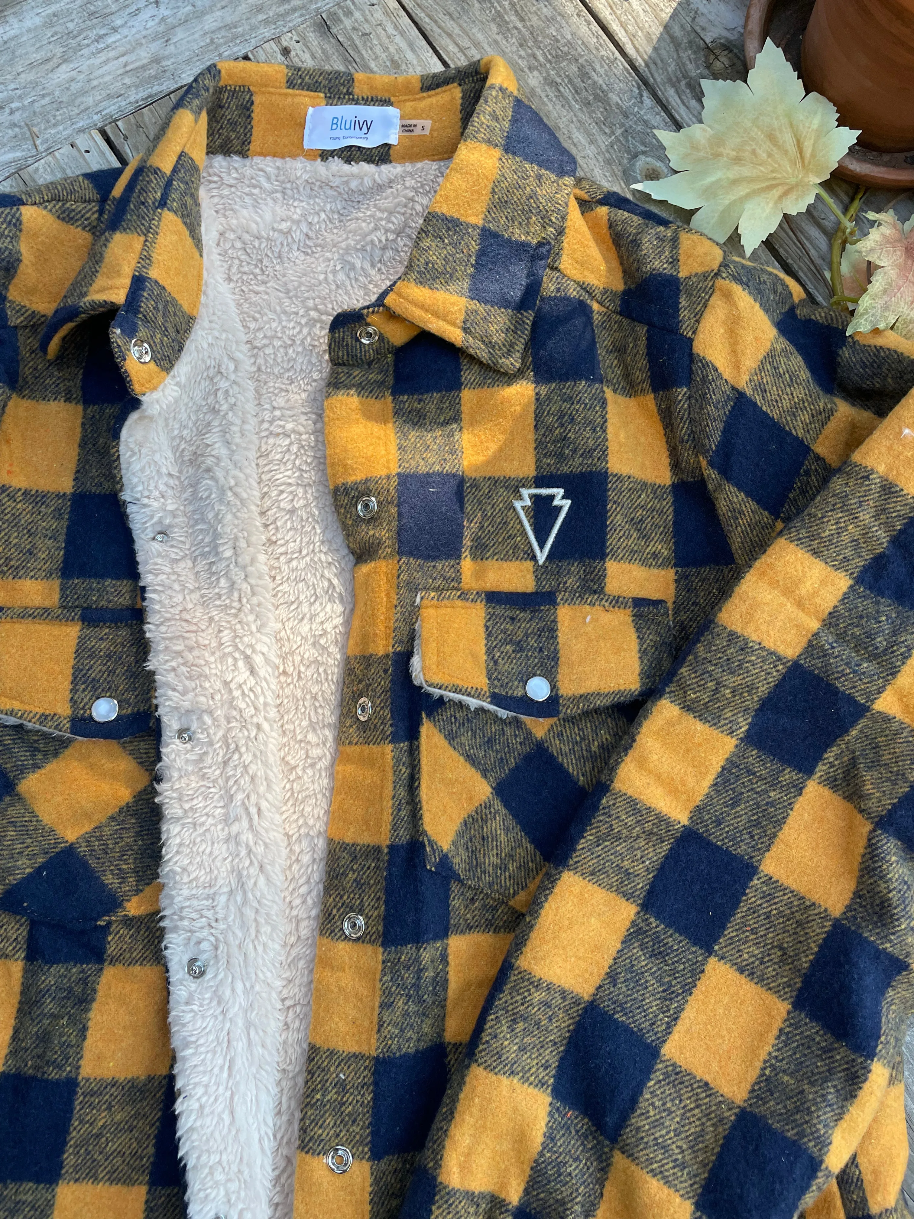 BUFFALO PLAID SHERPA-LINED JACKET- mustard/navy