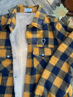 BUFFALO PLAID SHERPA-LINED JACKET- mustard/navy