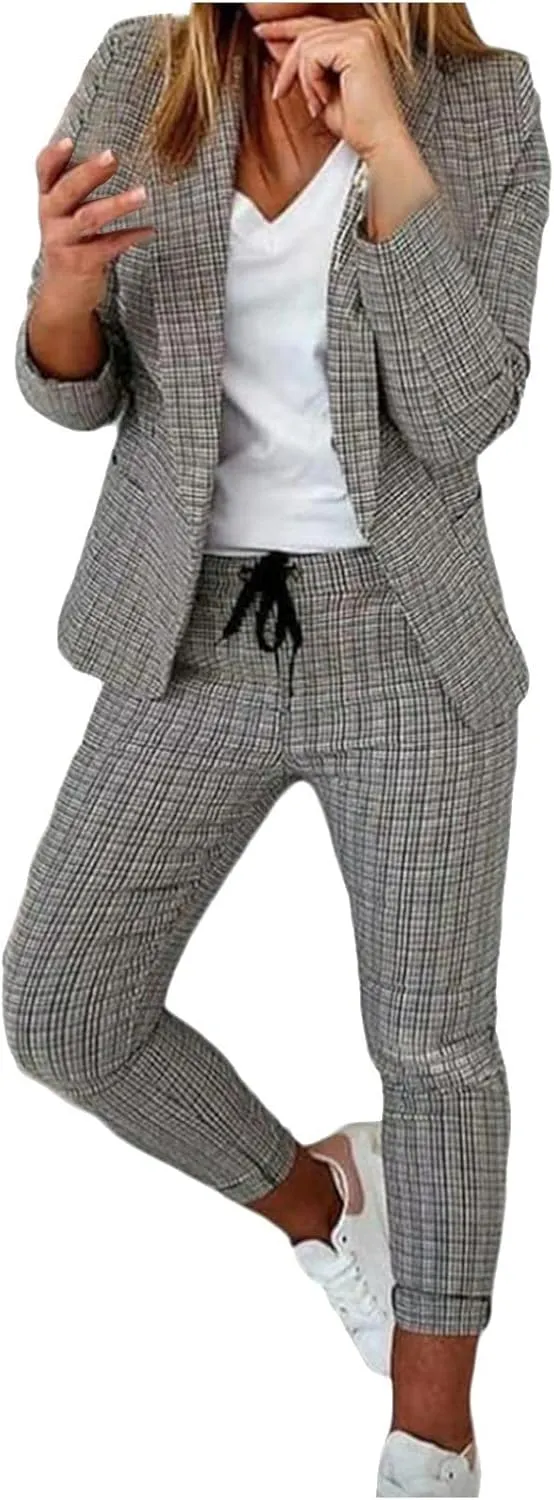 Business Casual Clothes Sets for Women Dressy Office Blazer Loose Straight Leg Pants Work 2 Piece Outfits Matching Set