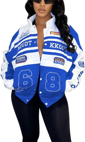 CALEBGAR Women Varsity Jacket Motorcycle Detachable Letter Graphic Racer Vintage Colorblock Baseball Coats Streetwear