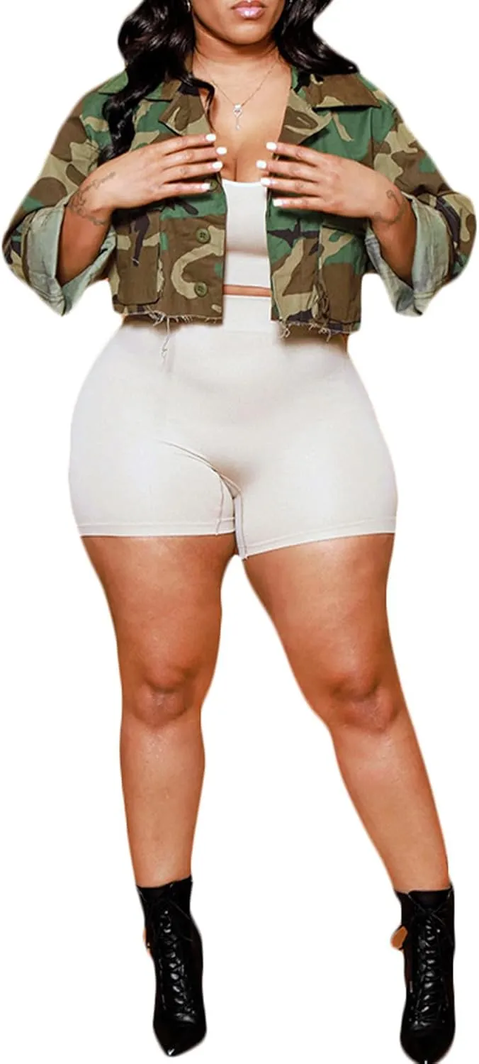 Camo Jacket for Women Long Sleeve Button Down Army Fatigue Camouflage Denim Outwear Coat with Pockets