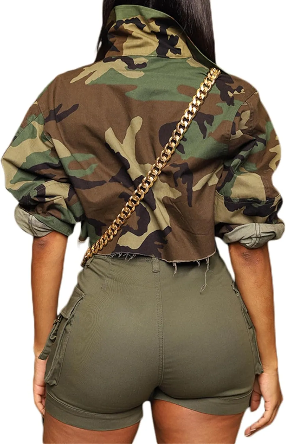 Camo Jacket for Women Long Sleeve Button Down Army Fatigue Camouflage Denim Outwear Coat with Pockets