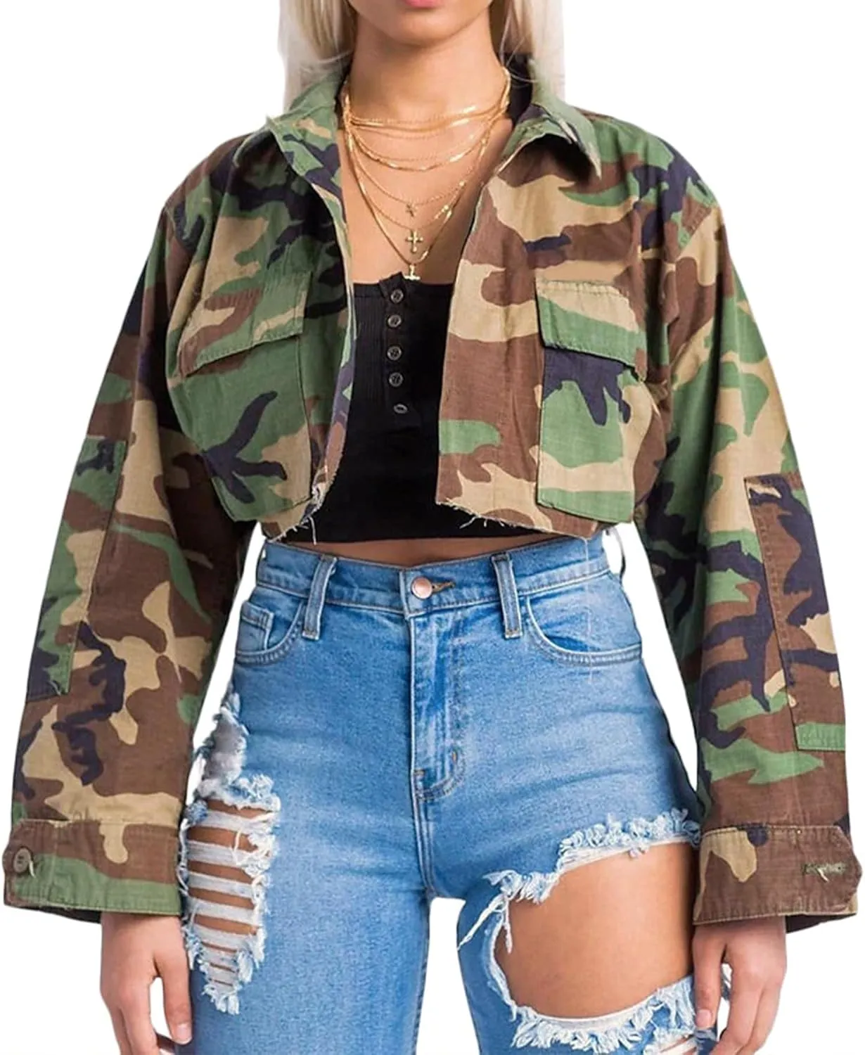 Camo Jacket for Women Long Sleeve Button Down Army Fatigue Camouflage Denim Outwear Coat with Pockets