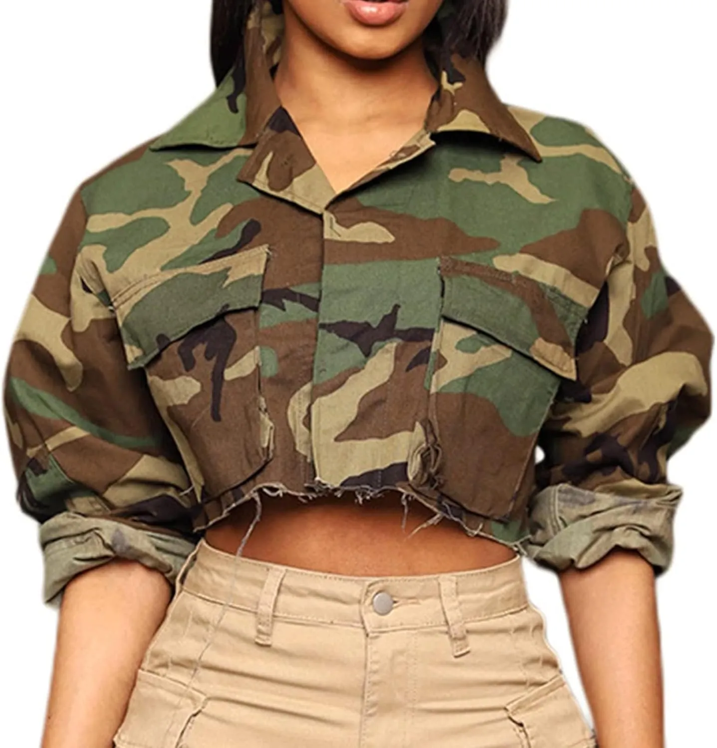 Camo Jacket for Women Long Sleeve Button Down Army Fatigue Camouflage Denim Outwear Coat with Pockets