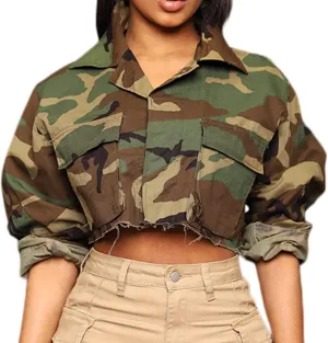 Camo Jacket for Women Long Sleeve Button Down Army Fatigue Camouflage Denim Outwear Coat with Pockets