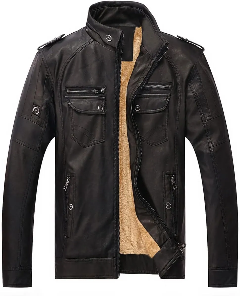 CHARTOU Men Retro PU Faux Leather Bomber Jacket Stand Collar Fleece Lined Motorcycle Jacket Zip Up