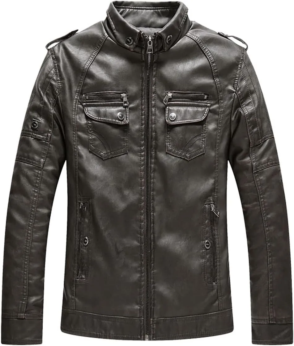 CHARTOU Men Retro PU Faux Leather Bomber Jacket Stand Collar Fleece Lined Motorcycle Jacket Zip Up