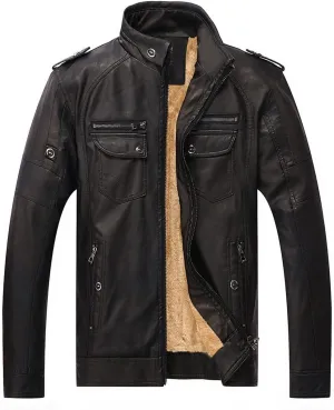 CHARTOU Men Retro PU Faux Leather Bomber Jacket Stand Collar Fleece Lined Motorcycle Jacket Zip Up