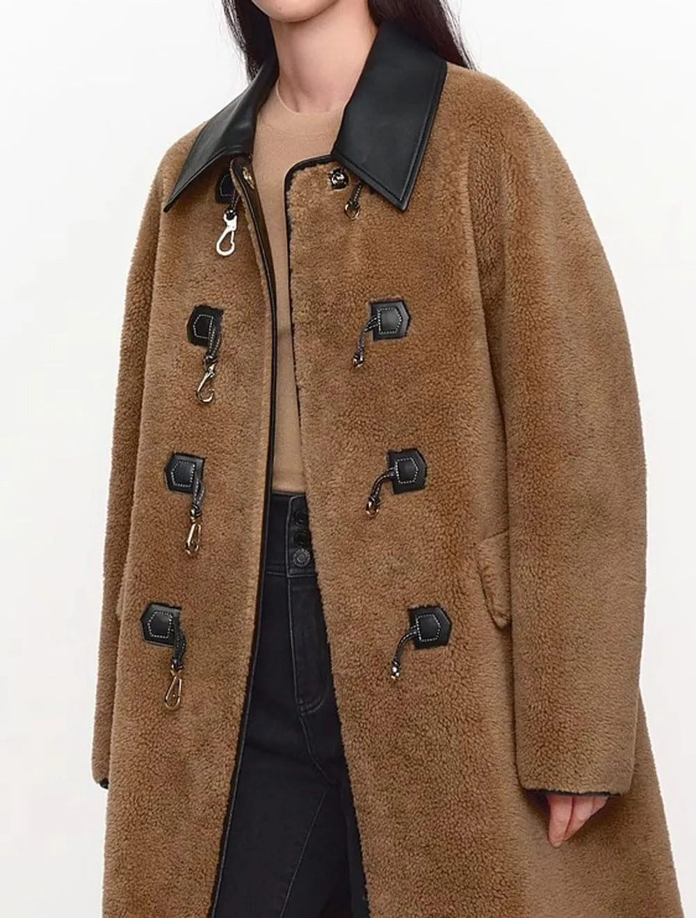 CHARTOU Women Long Faux Shearling Jacket Contrast Trim Fuzzy Fleece Warm Winter Trench Coat