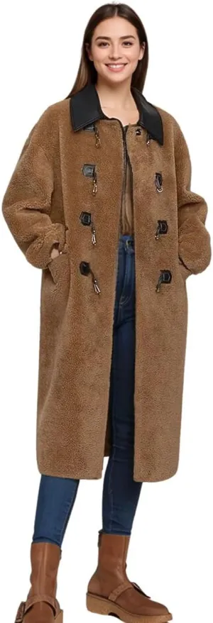 CHARTOU Women Long Faux Shearling Jacket Contrast Trim Fuzzy Fleece Warm Winter Trench Coat