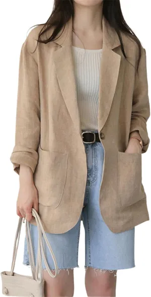 CHARTOU Women Long Sleeve Cotton Linen Blazer Tops Lapel Button Casual Business Outfits with Pockets