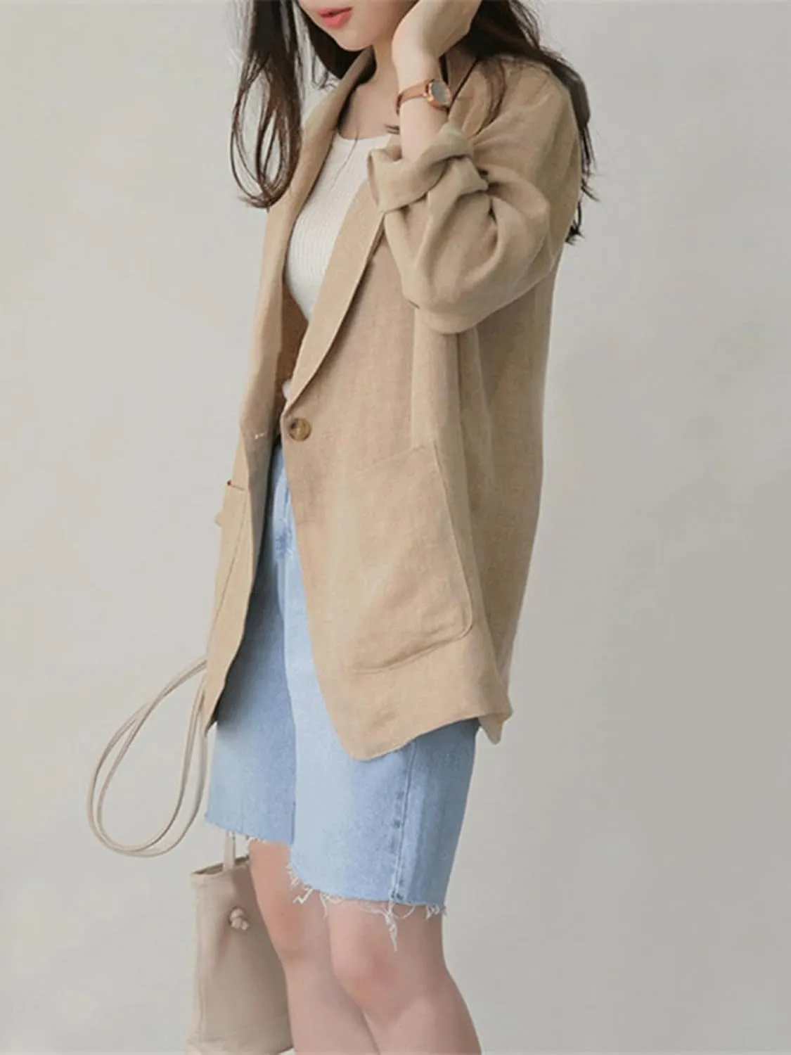 CHARTOU Women Long Sleeve Cotton Linen Blazer Tops Lapel Button Casual Business Outfits with Pockets