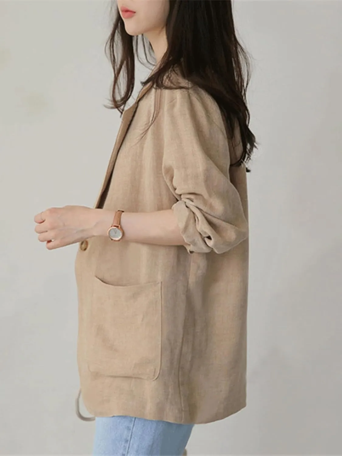 CHARTOU Women Long Sleeve Cotton Linen Blazer Tops Lapel Button Casual Business Outfits with Pockets