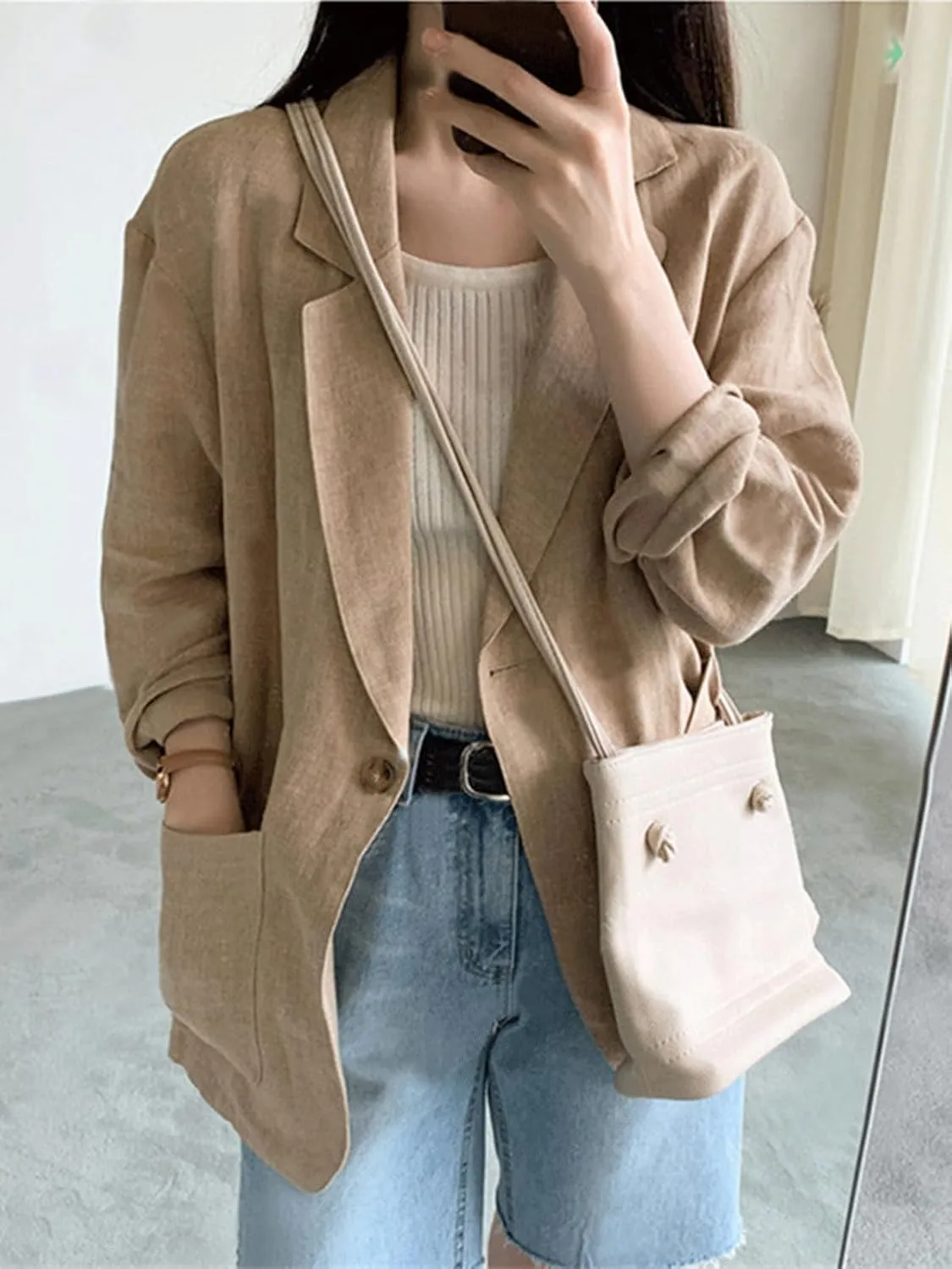 CHARTOU Women Long Sleeve Cotton Linen Blazer Tops Lapel Button Casual Business Outfits with Pockets