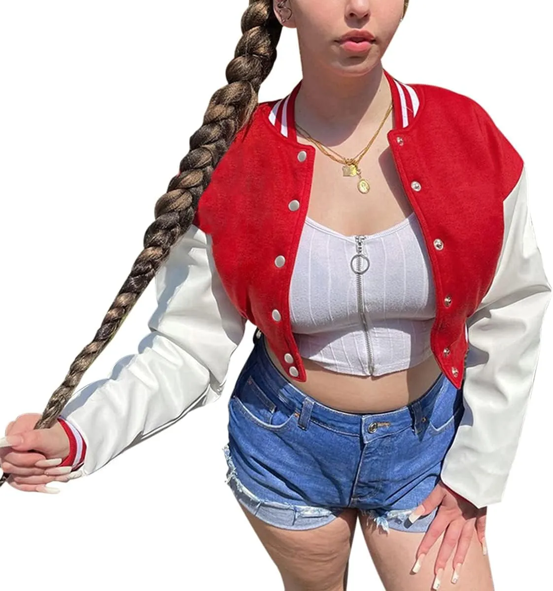 Chatinction Women's Casual Varsity Baseball Jacket Faux Leather Long Sleeve Button Colorblock Crop Bomber Jackets Coat