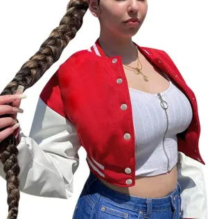 Chatinction Women's Casual Varsity Baseball Jacket Faux Leather Long Sleeve Button Colorblock Crop Bomber Jackets Coat