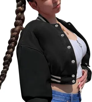 Chatinction Women's Casual Varsity Baseball Jacket Faux Leather Long Sleeve Button Colorblock Crop Bomber Jackets Coat