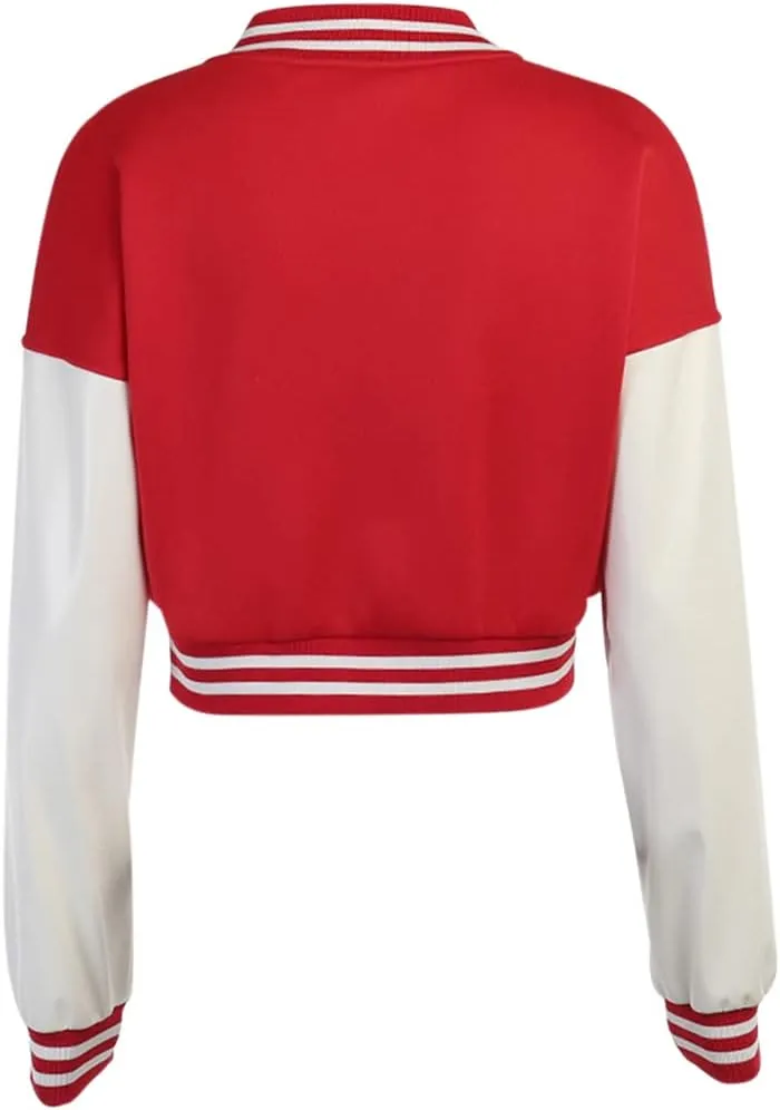 Chatinction Women's Casual Varsity Baseball Jacket Faux Leather Long Sleeve Button Colorblock Crop Bomber Jackets Coat