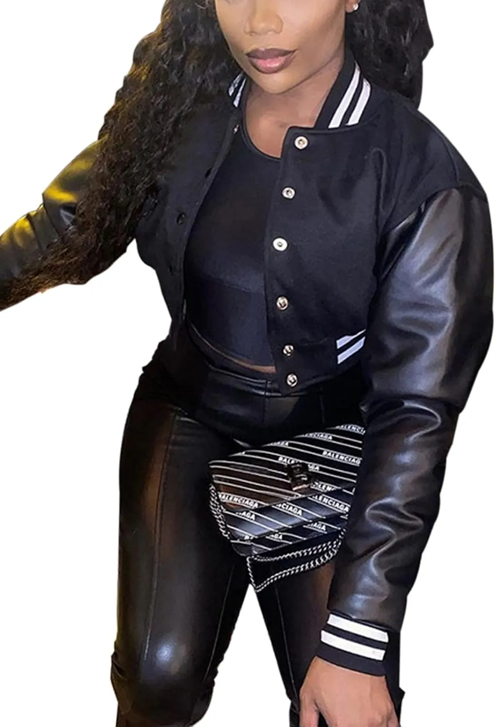 Chatinction Women's Casual Varsity Baseball Jacket Faux Leather Long Sleeve Button Colorblock Crop Bomber Jackets Coat