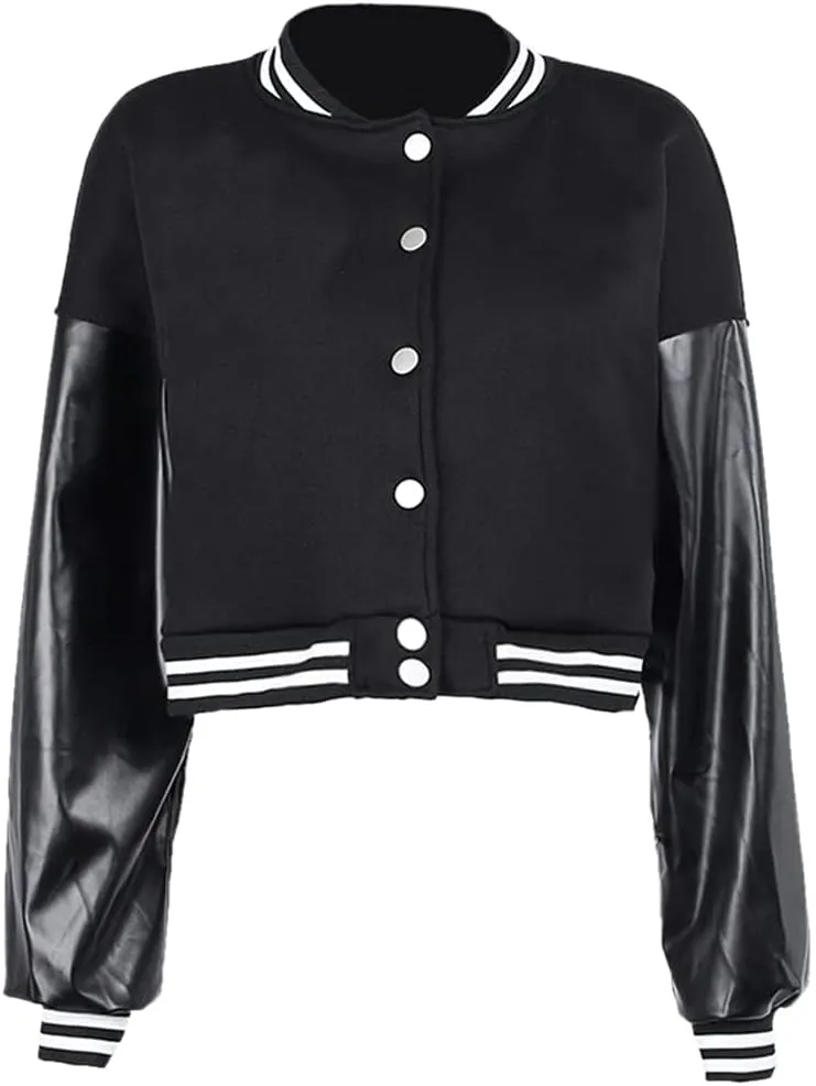 Chatinction Women's Casual Varsity Baseball Jacket Faux Leather Long Sleeve Button Colorblock Crop Bomber Jackets Coat