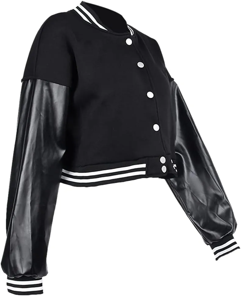 Chatinction Women's Casual Varsity Baseball Jacket Faux Leather Long Sleeve Button Colorblock Crop Bomber Jackets Coat
