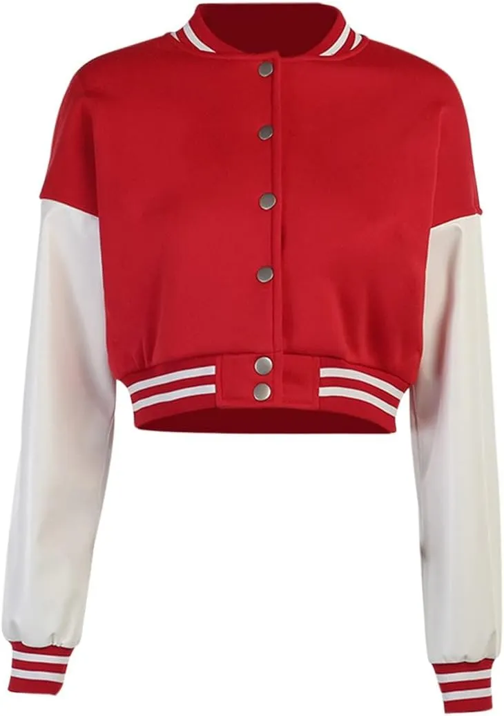 Chatinction Women's Casual Varsity Baseball Jacket Faux Leather Long Sleeve Button Colorblock Crop Bomber Jackets Coat