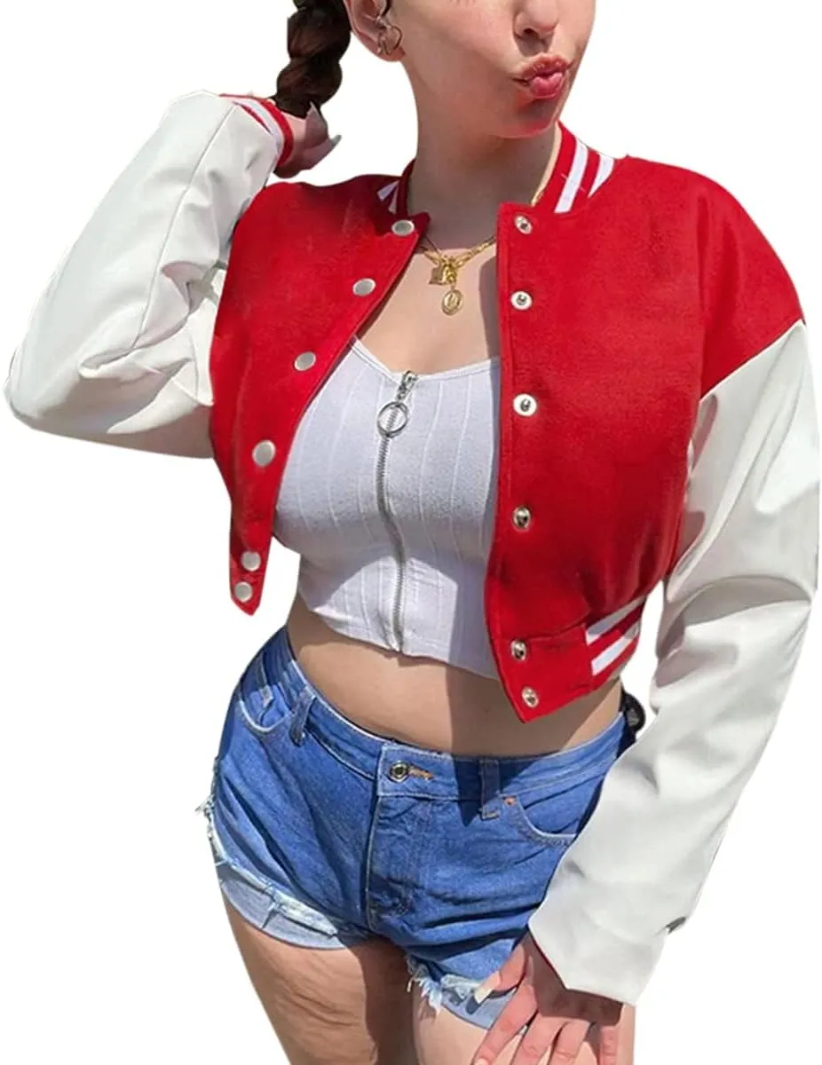 Chatinction Women's Casual Varsity Baseball Jacket Faux Leather Long Sleeve Button Colorblock Crop Bomber Jackets Coat