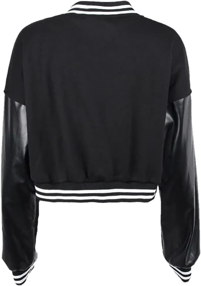 Chatinction Women's Casual Varsity Baseball Jacket Faux Leather Long Sleeve Button Colorblock Crop Bomber Jackets Coat