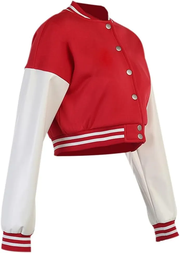 Chatinction Women's Casual Varsity Baseball Jacket Faux Leather Long Sleeve Button Colorblock Crop Bomber Jackets Coat