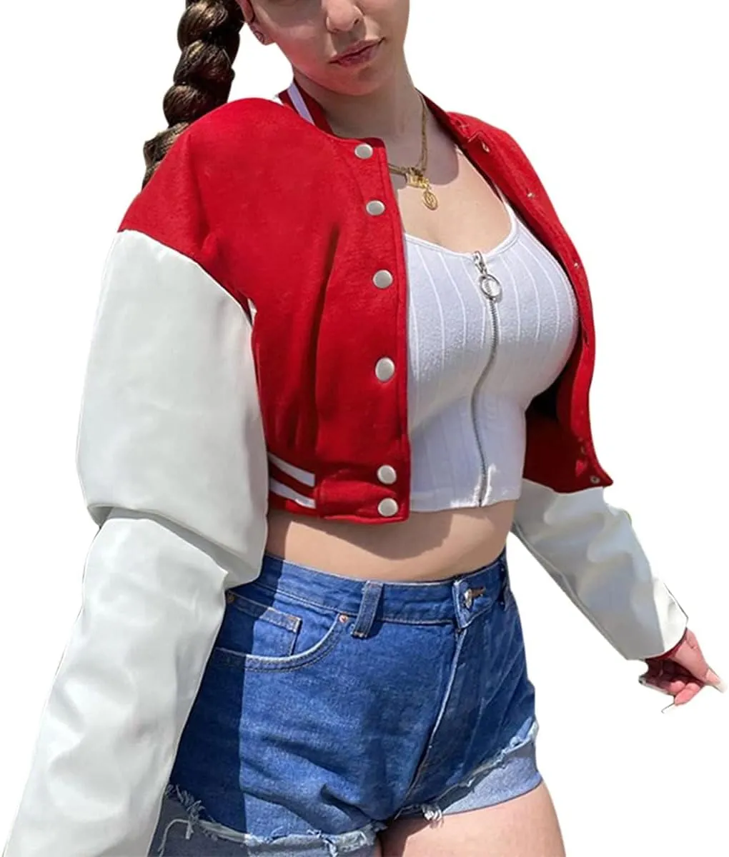 Chatinction Women's Casual Varsity Baseball Jacket Faux Leather Long Sleeve Button Colorblock Crop Bomber Jackets Coat
