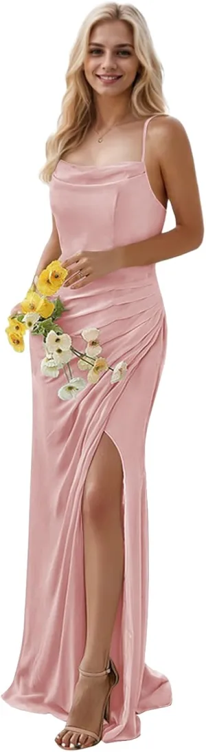 Chiffon Bridesmaid Dresses Long for Women Spaghetti Straps Ruched Formal Wedding Guest Dress with Slit