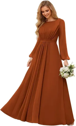 Chiffon Bridesmaid Dresses with Sleeves for Wedding Ruched Long Formal Evening Prom Dress