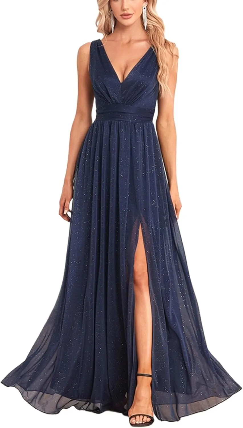 Chiffon Evening Gown A-line Bridesmaid Side Slit Mop Party Dress Blue