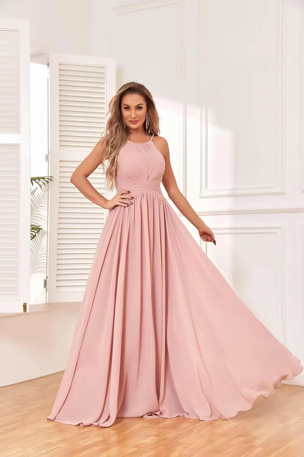 Chiffon Halter Bridesmaid Dresses for Wedding Long Spaghetti Straps A Line Formal Evening Prom Party Gown