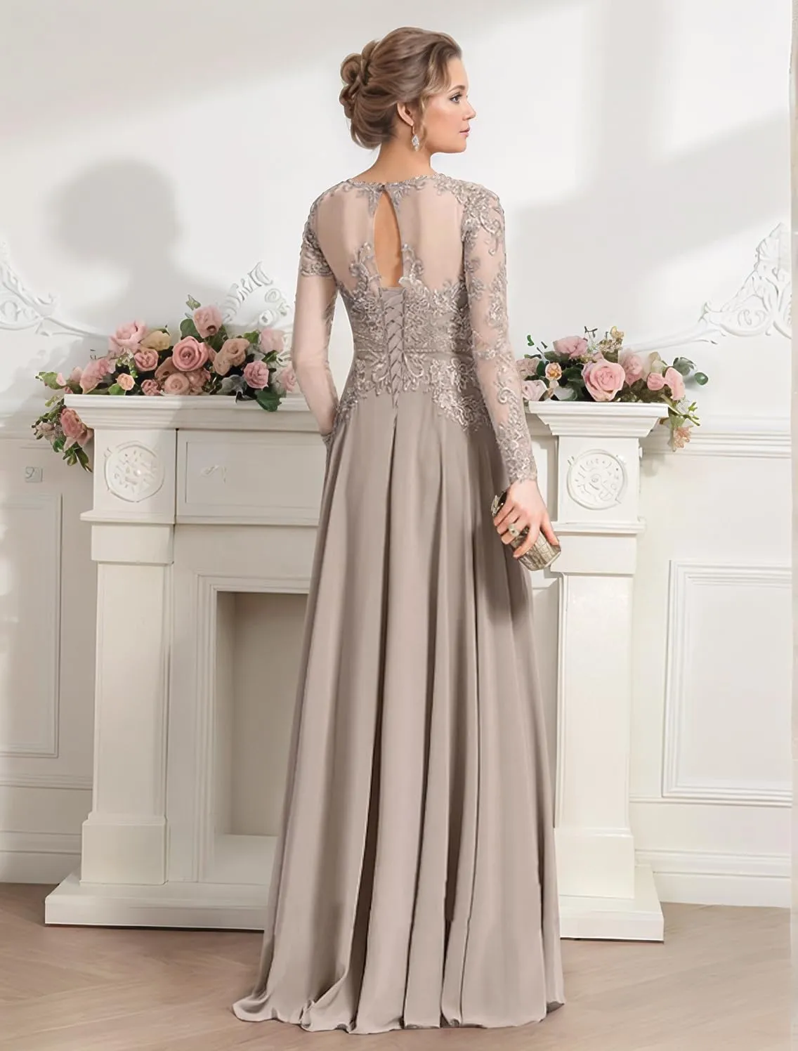 Chiffon Long Sleeve Mother of The Bride Dresses Scoop Neck Sequin Laces Appliques Mother of The Groom Dress