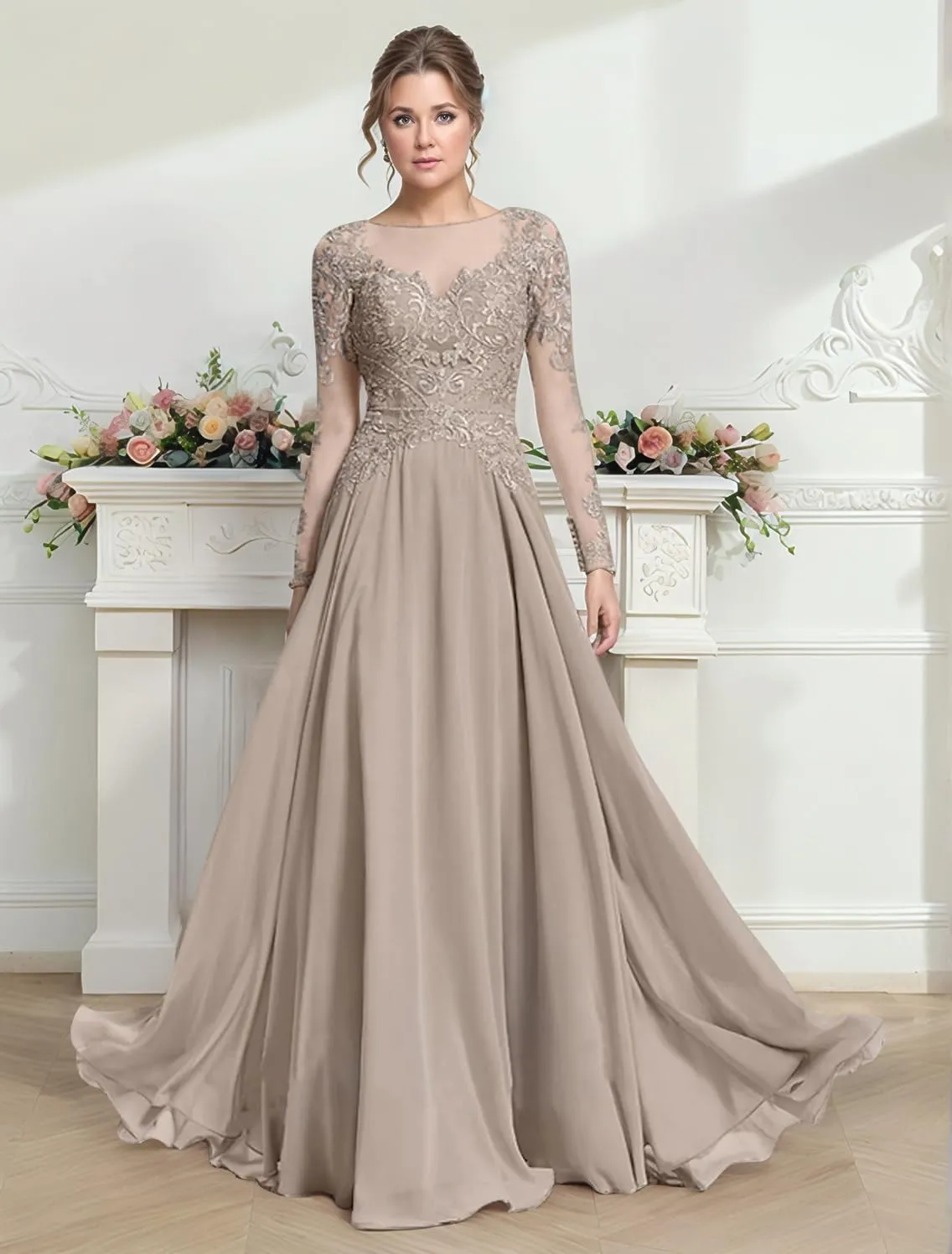Chiffon Long Sleeve Mother of The Bride Dresses Scoop Neck Sequin Laces Appliques Mother of The Groom Dress