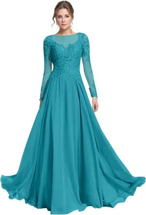Chiffon Long Sleeve Mother of The Bride Dresses Scoop Neck Sequin Laces Appliques Mother of The Groom Dress