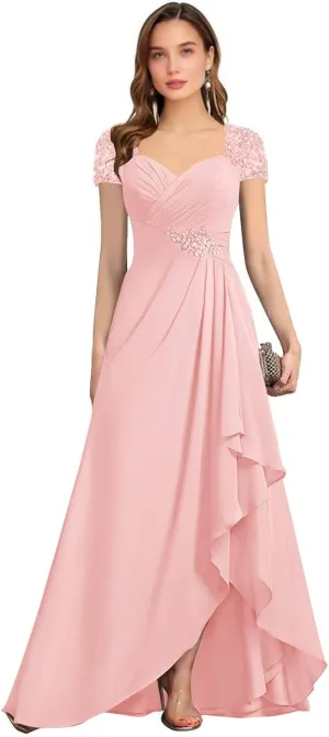 Chiffon Mother of The Bride Dresses for Wedding Sweetheat Ruched Long Formal Evening Gowns with Ruffles