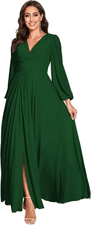 Chiffon V-Neck Bridesmaid Dresses with Slit Long Sleeves Formal Dress Evening Gown for Women Wedding Dress Emerald Green