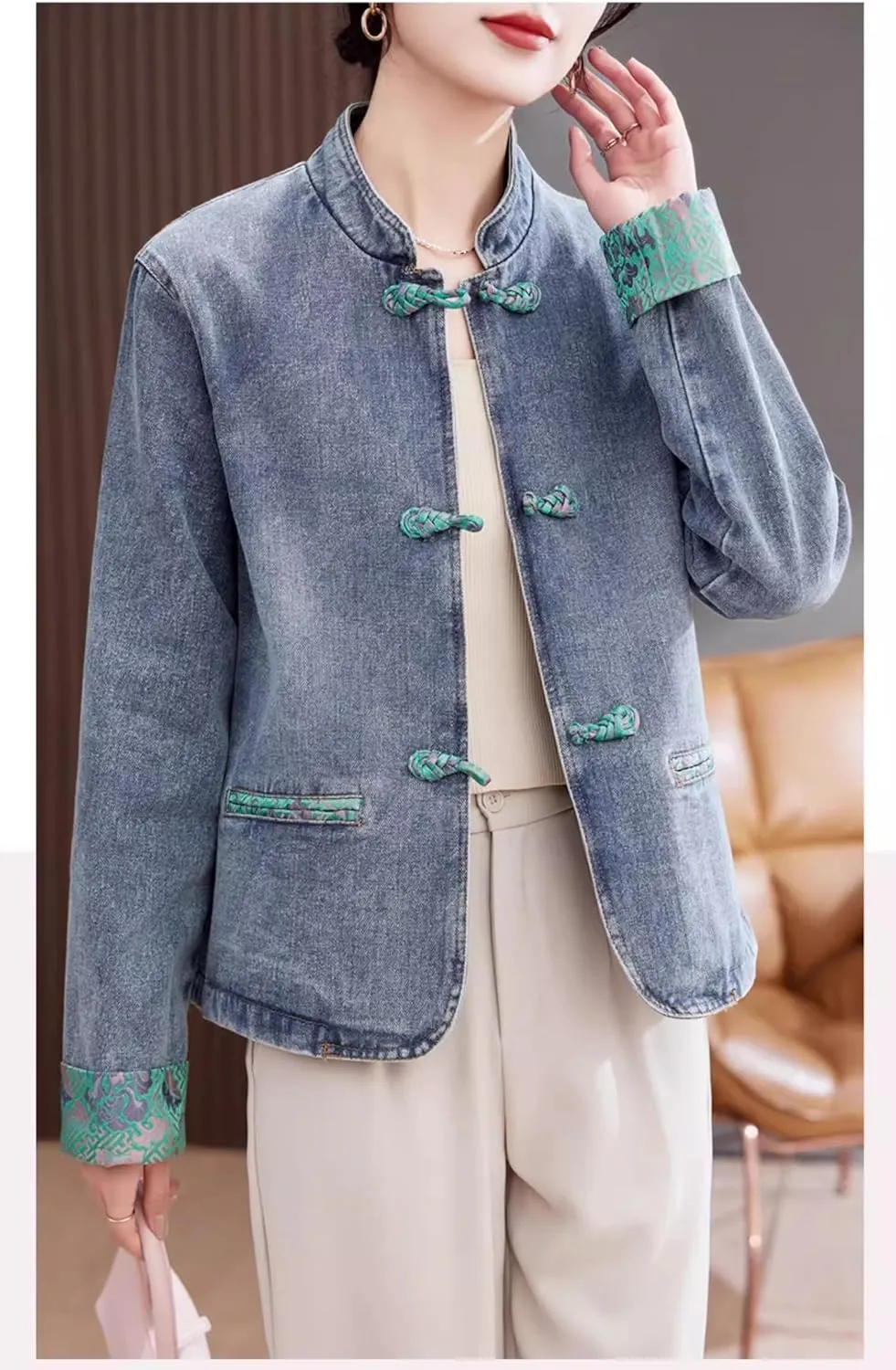 Chinese Style Denim Jacket for Women,Spring/Fall