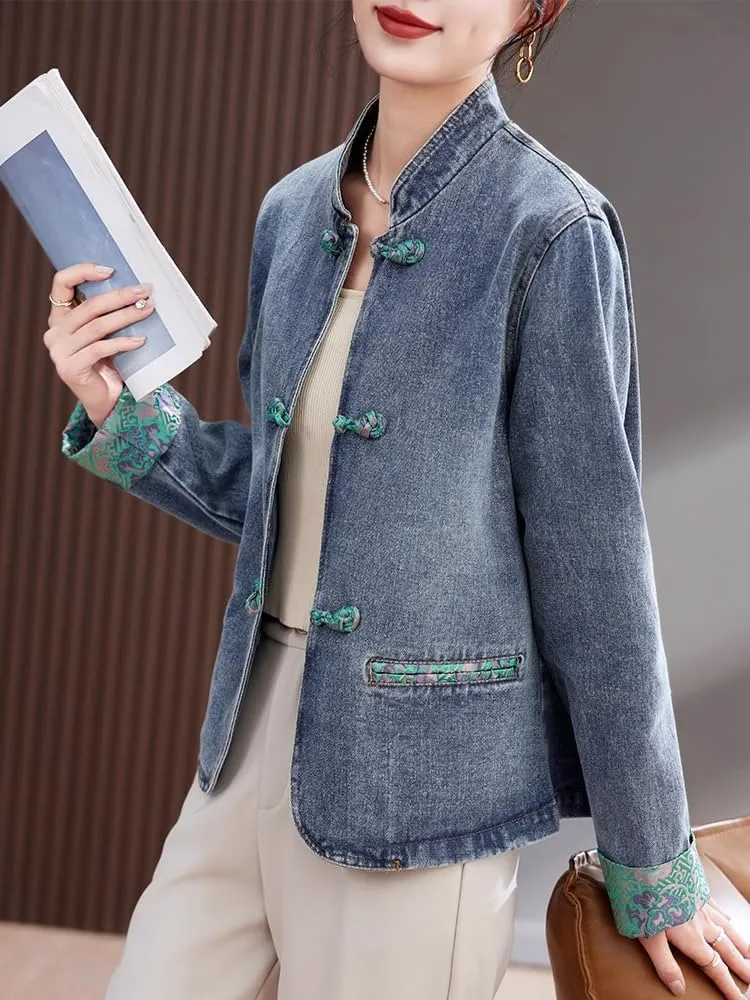 Chinese Style Denim Jacket for Women,Spring/Fall
