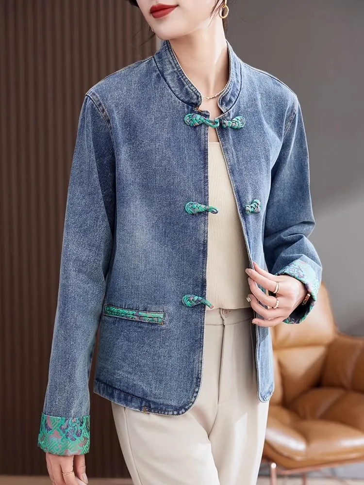 Chinese Style Denim Jacket for Women,Spring/Fall