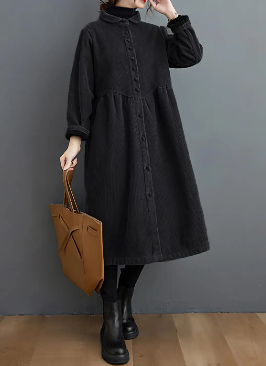 chouyatou Women Winter A-Line Fleece Sherpa Lined Long Corduory Trench Coat Casual Button Down Shirt Dress