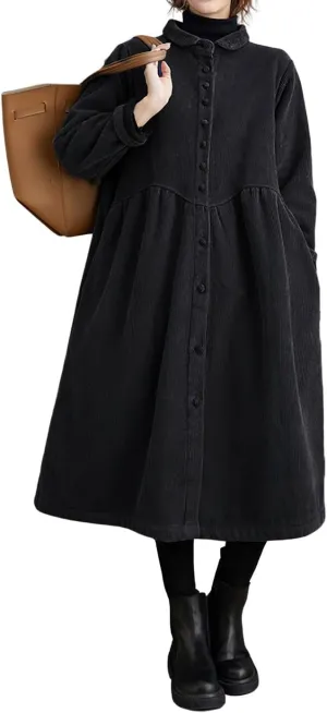 chouyatou Women Winter A-Line Fleece Sherpa Lined Long Corduory Trench Coat Casual Button Down Shirt Dress